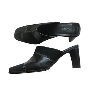 Black Leather and Suede Close Toed Heeled Mules